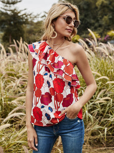 2021 Spring Summer Sexy Floral One Shoulder Top For  Women Kawaii Ladies Red Tiered Ruffle Open Back Flower Print Blouse
