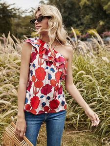 2021 Spring Summer Sexy Floral One Shoulder Top For  Women Kawaii Ladies Red Tiered Ruffle Open Back Flower Print Blouse