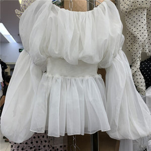 2021 Spring Summer Sexy Slash Neck Chiffon Blouses Women's Elegant Ladies Fashion Puff Sleeve Casual Sweet Top