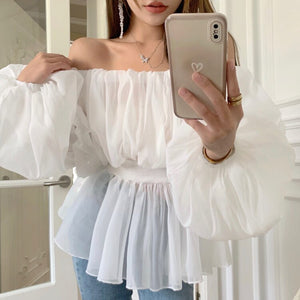 2021 Spring Summer Sexy Slash Neck Chiffon Blouses Women's Elegant Ladies Fashion Puff Sleeve Casual Sweet Top
