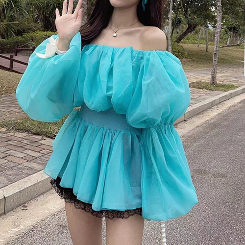 2021 Spring Summer Sexy Slash Neck Chiffon Blouses Women's Elegant Ladies Fashion Puff Sleeve Casual Sweet Top