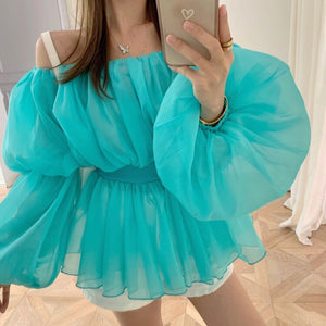 2021 Spring Summer Sexy Slash Neck Chiffon Blouses Women's Elegant Ladies Fashion Puff Sleeve Casual Sweet Top
