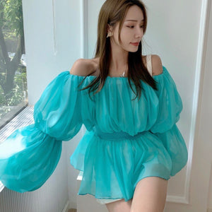 2021 Spring Summer Sexy Slash Neck Chiffon Blouses Women's Elegant Ladies Fashion Puff Sleeve Casual Sweet Top