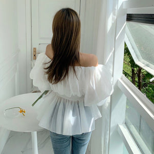 2021 Spring Summer Sexy Slash Neck Chiffon Blouses Women's Elegant Ladies Fashion Puff Sleeve Casual Sweet Top