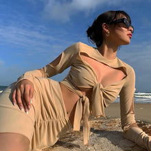 Load image into Gallery viewer, 2021 Spring Summer Solid With Sleeves Hollow Out Net Yarn Suit Dress Sheath Drawstring