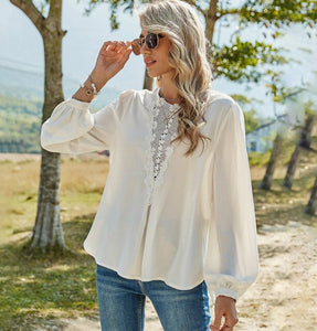 2021 Spring Summer Women Casual Long Blouse Shirts O Neck Lace Chiffon White Shirts Fashion Female Floral Tops Female Blusas
