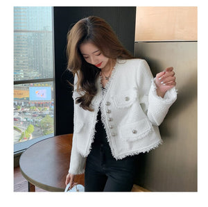 2021 Spring Vintage Women Single-Breasted Pink Tweed Coat Elegant Fashion V-Neck Long Sleeve Tassel Outwear Femme