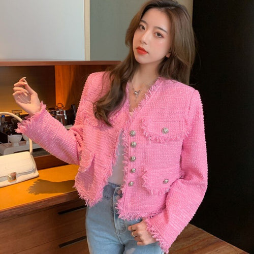 2021 Spring Vintage Women Single-Breasted Pink Tweed Coat Elegant Fashion V-Neck Long Sleeve Tassel Outwear Femme