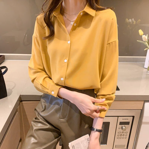 2021 Spring Women Chiffon Shirt Fashion Casual Turtleneck Long Sleeve Solid Color Blouses Loose Casual Tops