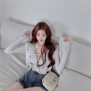 2021 Spring Women Fashion Two-Piece Set Golden Button Single Breasted Knitted Top Cardigan + Sexy Vest Suit