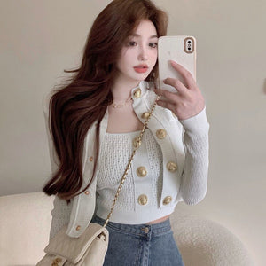 2021 Spring Women Fashion Two-Piece Set Golden Button Single Breasted Knitted Top Cardigan + Sexy Vest Suit