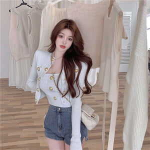 2021 Spring Women Fashion Two-Piece Set Golden Button Single Breasted Knitted Top Cardigan + Sexy Vest Suit
