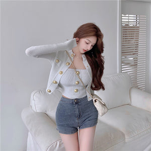 2021 Spring Women Fashion Two-Piece Set Golden Button Single Breasted Knitted Top Cardigan + Sexy Vest Suit
