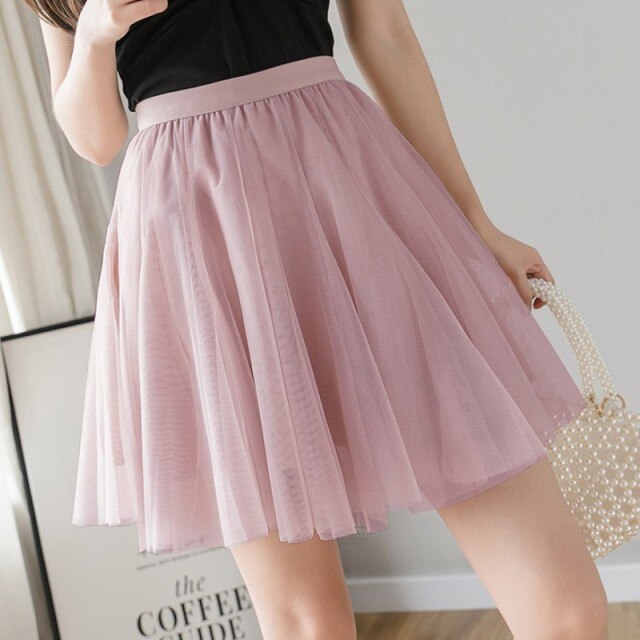2021 Spring Women Korean Sweet Mini Skirt Elegant Ladies Elastic Waist Mesh Casual Short Skirts Female