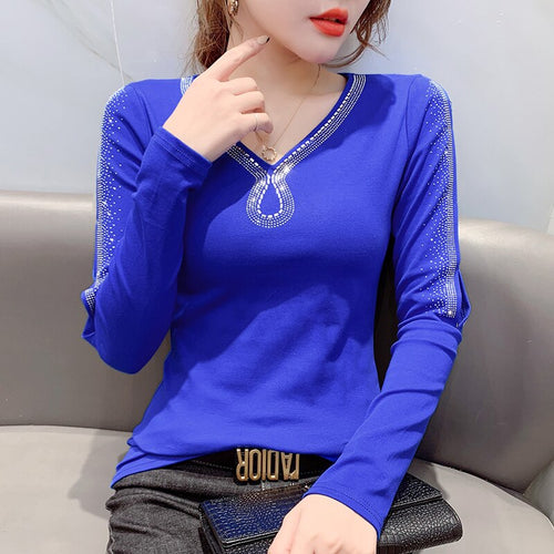 2021 Spring Women T-Shirt Fashion Casual Long Sleeve V-Neck Mesh Tops Elegant Slim Hot drilling Plus Size Women Clothing