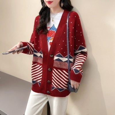 2021 Spring and Autumn New Knitted Cardigan Loose Retro Wool