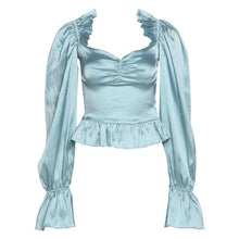 Load image into Gallery viewer, 2021 Spring and Autumn Women Shirt Fashion Elegant Square Collar Flared Sleeves Solid  Sexy Crop Top Ruched Slim Top Female