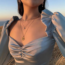 Load image into Gallery viewer, 2021 Spring and Autumn Women Shirt Fashion Elegant Square Collar Flared Sleeves Solid  Sexy Crop Top Ruched Slim Top Female