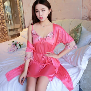 2021 Summer 2PCS Silk Satin Sexy Lace Lingerie Nightgowns Robes Sets for Women Korean Sleepwear Suit Night Dress Bathrobe Nighty