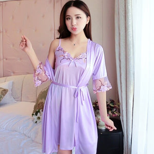 2021 Summer 2PCS Silk Satin Sexy Lace Lingerie Nightgowns Robes Sets for Women Korean Sleepwear Suit Night Dress Bathrobe Nighty