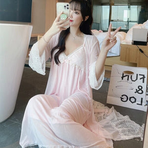 2021 Summer Autumn 2PCS Cotton Sexy Lace Lingerie Nightgown Robe Sets for Women Bathrobe Sleepwear Nightdress Night Dress Nighty
