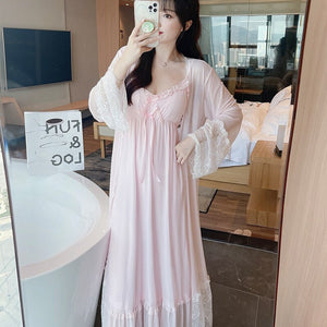 2021 Summer Autumn 2PCS Cotton Sexy Lace Lingerie Nightgown Robe Sets for Women Bathrobe Sleepwear Nightdress Night Dress Nighty