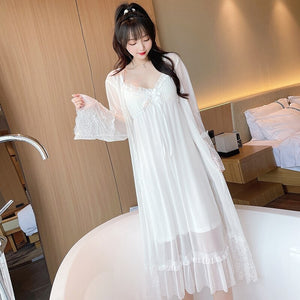 2021 Summer Autumn 2PCS Cotton Sexy Lace Lingerie Nightgown Robe Sets for Women Bathrobe Sleepwear Nightdress Night Dress Nighty