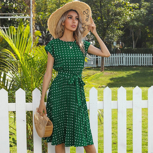 2021 Summer Autumn Polka Dot Short Sleeve Lace Up Pleated Bodycon Dress Boho Casual Elegant Women Ladies Dresses Vintage Gothic