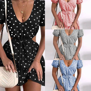 2021 Summer Autumn Women's New Polka Dot Skirt V-neck Short Sleeve Sexy Party Beach Bodycon Dress Elegant Women Ladies Dresses