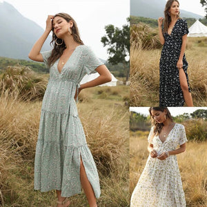 2021 Summer Beach Holiday Dress Women Casual Floral Print Elegant Boho Long Dress Ruffle Short-Sleeve V-neck Sexy Party Robe