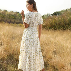 2021 Summer Beach Holiday Dress Women Casual Floral Print Elegant Boho Long Dress Ruffle Short-Sleeve V-neck Sexy Party Robe