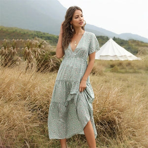 2021 Summer Beach Holiday Dress Women Casual Floral Print Elegant Boho Long Dress Ruffle Short-Sleeve V-neck Sexy Party Robe