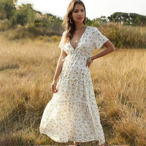 2021 Summer Beach Holiday Dress Women Casual Floral Print Elegant Boho Long Dress Ruffle Short-Sleeve V-neck Sexy Party Robe