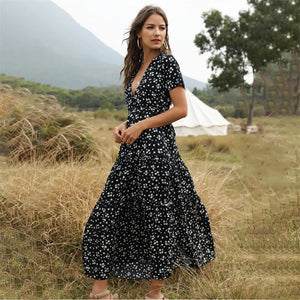 2021 Summer Beach Holiday Dress Women Casual Floral Print Elegant Boho Long Dress Ruffle Short-Sleeve V-neck Sexy Party Robe