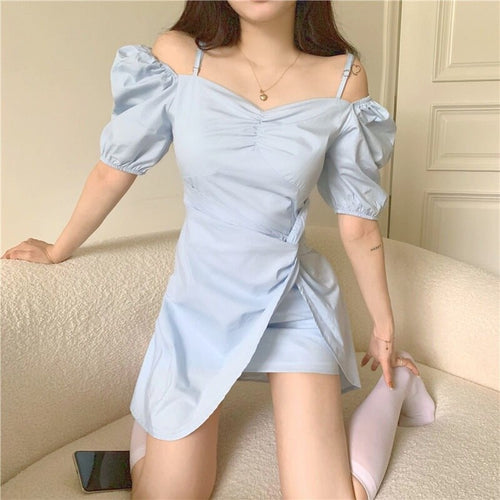 2021 Summer Beach Kawaii Dress Women Irregular Blue Korean Sexy Party Mini Dresses Off Shoulder Chic Sweet Cute Leisure Sundress