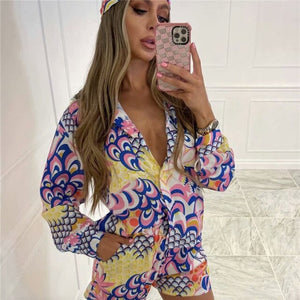 2021 Summer Beach Print Long Sleeve Top Shirts Women And Mini Shorts Set Y2K Casual Three Piece Sets Party Sexy Outfits