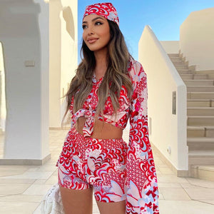 2021 Summer Beach Print Long Sleeve Top Shirts Women And Mini Shorts Set Y2K Casual Three Piece Sets Party Sexy Outfits