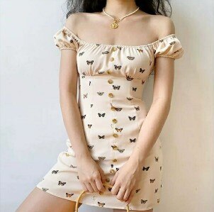 2021 Summer Butterfly Print  Boho Tie Neck Mini Sexy White Women Dress Elegant Puff Sleeve Y2k Casual Party Beach Light Dresses