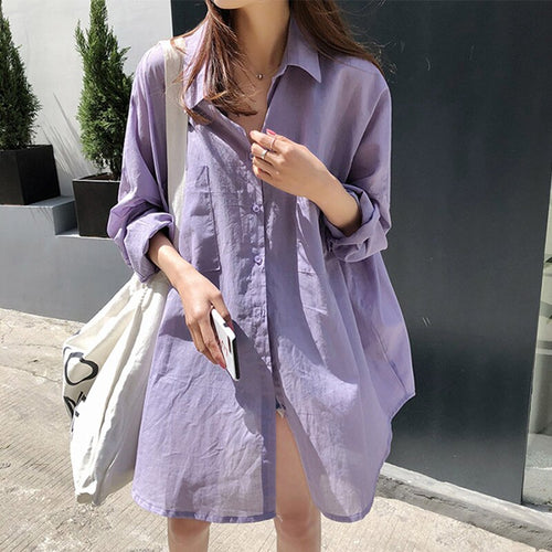 2021 Summer Chiffon Blouses Female Solid Long Sleeve Pockets Button Thin Top Casual Loose Fashion All-match White Women's Blouse