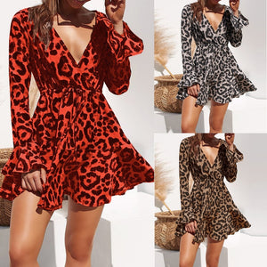2021 Summer Chiffon Dress Women Leopard Print Boho Beach Dresses Casual Ruffle Long Sleeve A-line Mini Party Dress Vestidos