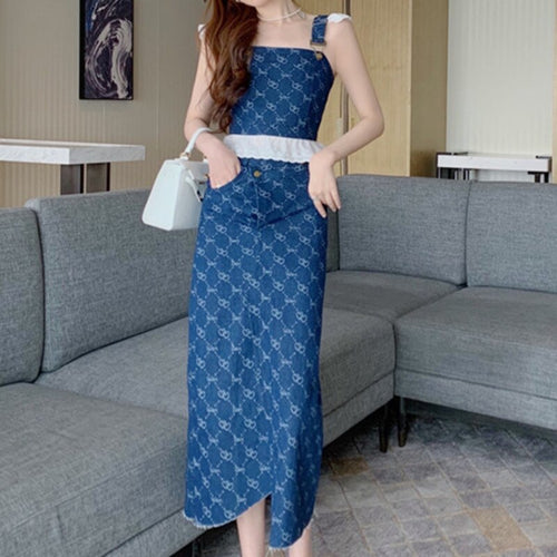 2021 Summer Clothing Denim 2 Piece Sets Womens Outfits Crop Top Small Flying Sleeve Vest+Fashion Bodycon Mini Skirts Long Skirt