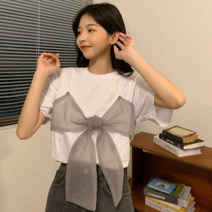 2021 Summer Clothing New Bow Design Wide T Tee Shirt Femme Harajuku Tops Tshirt Women Kawaii Korean Clothes Streetwear Fashion