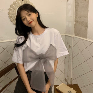 2021 Summer Clothing New Bow Design Wide T Tee Shirt Femme Harajuku Tops Tshirt Women Kawaii Korean Clothes Streetwear Fashion