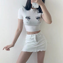 Load image into Gallery viewer, 2021 Summer Cotton Short-Sleeved Kawaii Fun Expression Crop Top Short Fashion Street White Top Y2k Streetwear Women Clothes