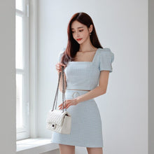 Load image into Gallery viewer, 2021 Summer Elegant 2 Piece Set Women Pliad Square Collar Puff Sleeve Crop Top + High Waist A-Line Mini Skirts Suit Female