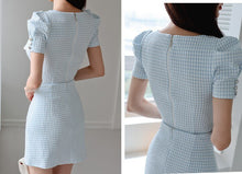 Load image into Gallery viewer, 2021 Summer Elegant 2 Piece Set Women Pliad Square Collar Puff Sleeve Crop Top + High Waist A-Line Mini Skirts Suit Female