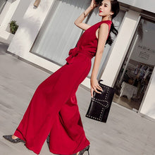 Load image into Gallery viewer, 2021 Summer Elegant Ladies Sleeveless Solid Jumpsuits V-Neck High Waist Sashes Women Casual Slim Wide Leg Rompers Female
