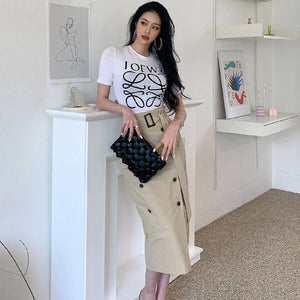 2021 Summer Elegant Two Piece Set Women Korean White Short Sleeve Letter T-Shirt Top + High Waist OL Bodycon Skirts Casual Suit