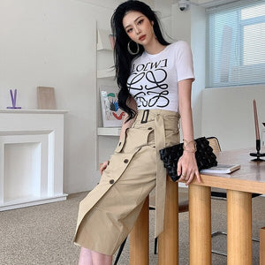 2021 Summer Elegant Two Piece Set Women Korean White Short Sleeve Letter T-Shirt Top + High Waist OL Bodycon Skirts Casual Suit