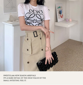 2021 Summer Elegant Two Piece Set Women Korean White Short Sleeve Letter T-Shirt Top + High Waist OL Bodycon Skirts Casual Suit